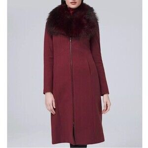 WHBM Faux Fur Collar Long Winter Coat Lined Burgundy Zip Front Size Medium